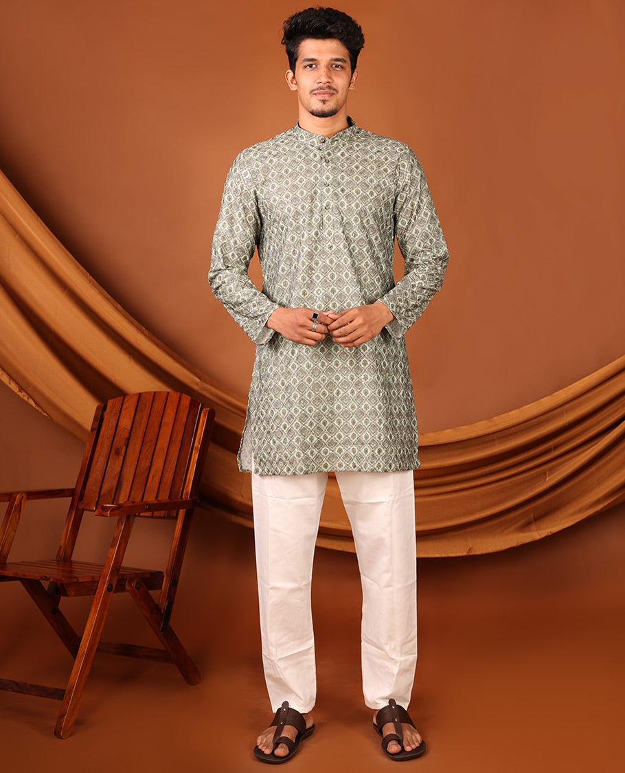 Green Geometric-style Jaal Design Full-Sleeved Men's Kurta