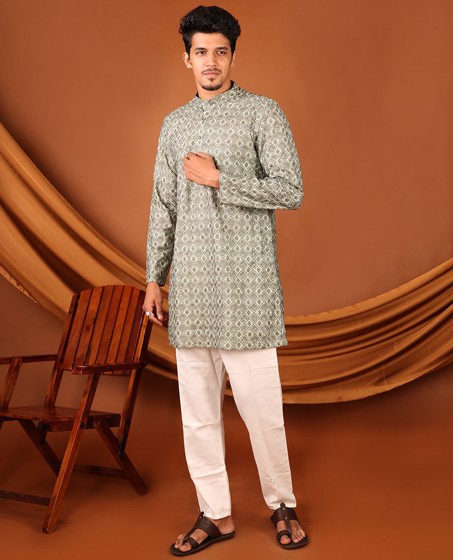 Green Geometric-style Jaal Design Full-Sleeved Men's Kurta
