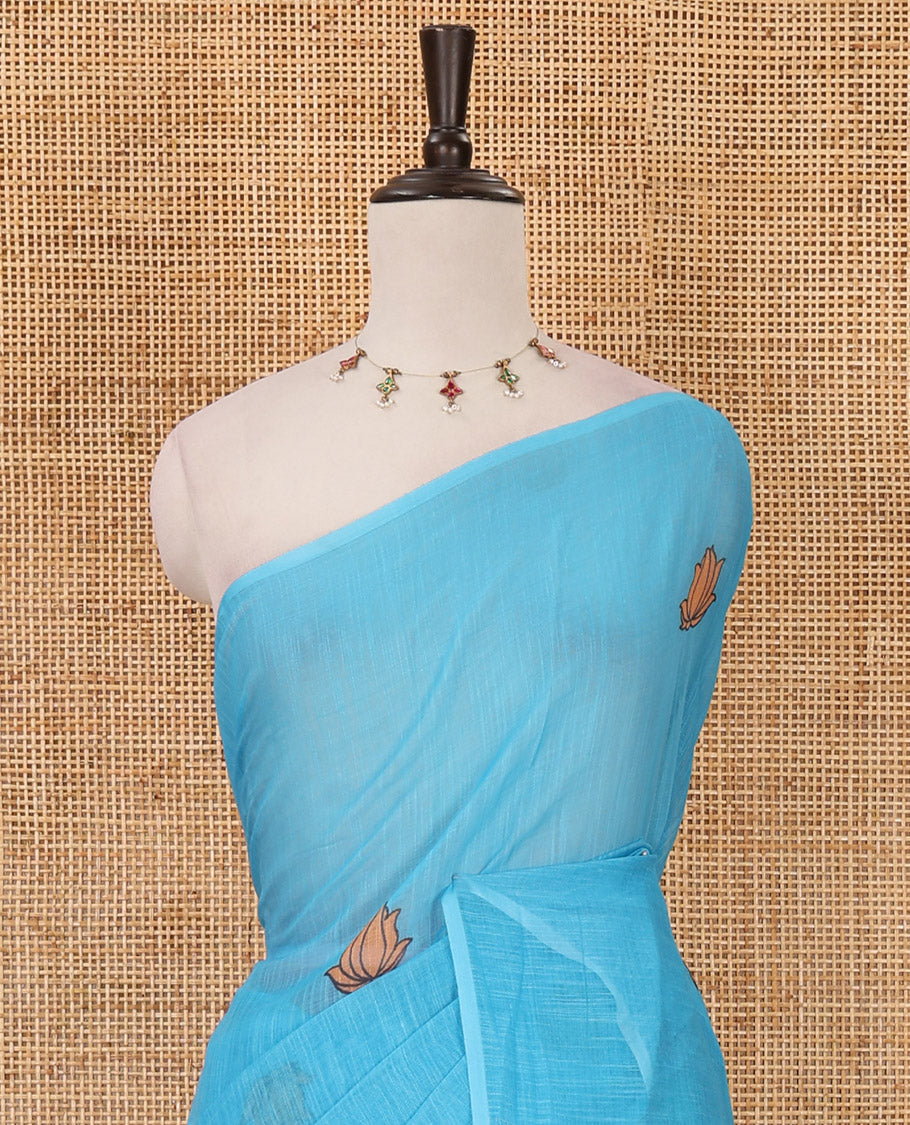 Borderless blue pichwai lotus printed linen saree, contrast kalamkari floral vine printed pallu & contrast kalamkari floral vine printed blouse
