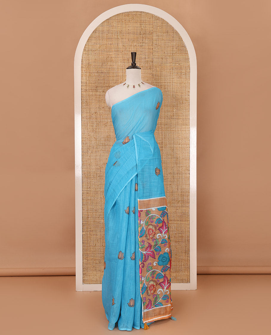 Borderless blue pichwai lotus printed linen saree, contrast kalamkari floral vine printed pallu & contrast kalamkari floral vine printed blouse