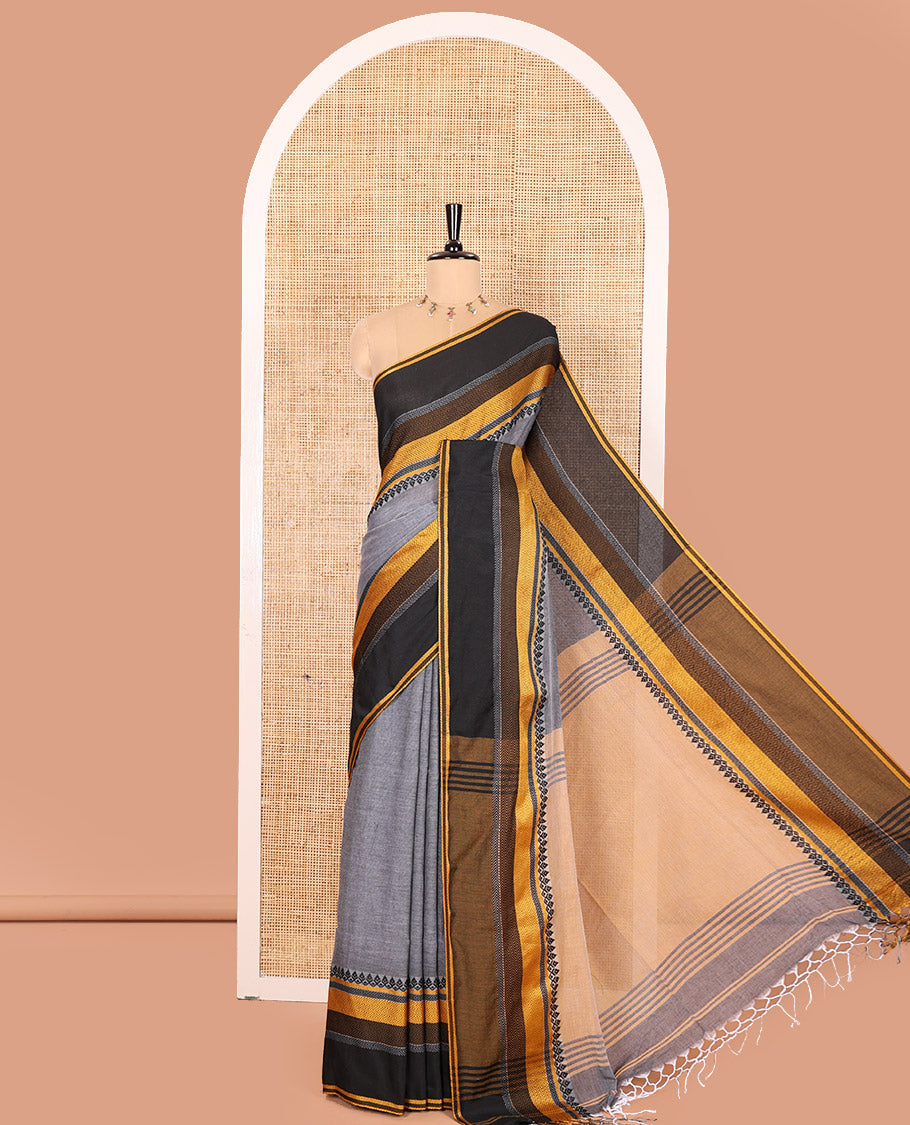 Grey-Block Plain Khadi Mul Cotton Saree, Complemented by a Contrast Thread-Woven Border of Geometric Patterns, Contrast Plain Pallu, and Paired with a Matching Blouse