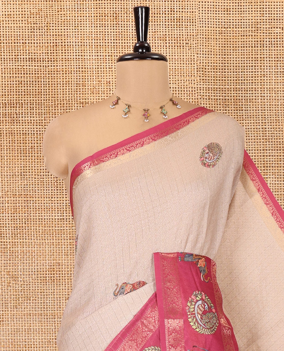 Chikku and Rani Moss-Chiffon Saree, Beautified with Checked Design and Round Peacock-Elephant Motifs Printed on Its Body, Complemented by Contrast Zari and Printed Border, Pallu of Round Peacock-Elephant Designs, and Paired with a Contrast Blouse