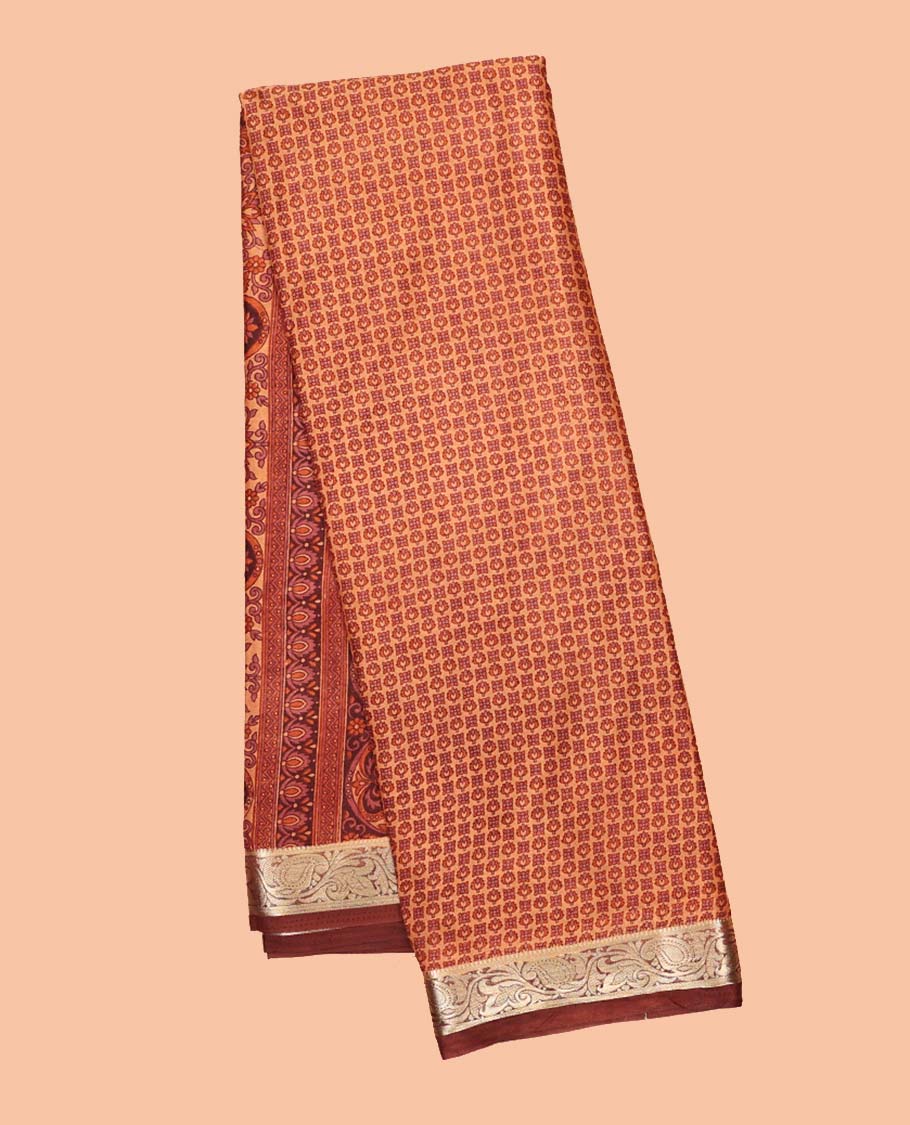 Peach micro-motifs printed semi-banaras printed saree, contrast floral & paisley vine border & intricate pallu