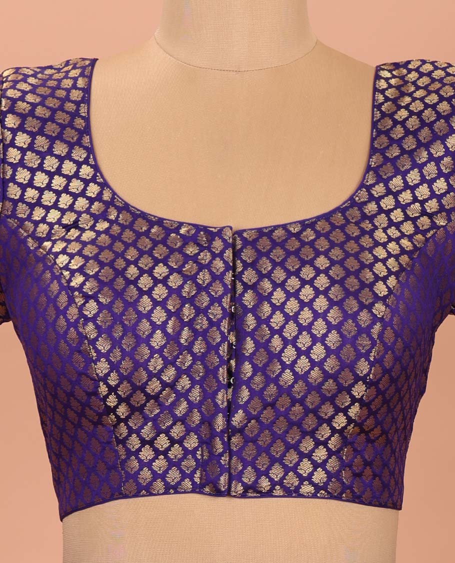 Violet Readymade Blouse Elegantly Highlighted with Jacquard Design, Featuring a Front Round Neck, Back Round Neck, and Elbow Sleeves