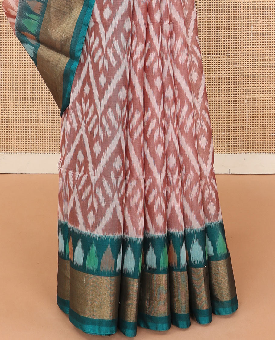 Light rosewood pink ikkat chevron design silk cotton saree, contrast bavanji border and pallu of ikkat weave