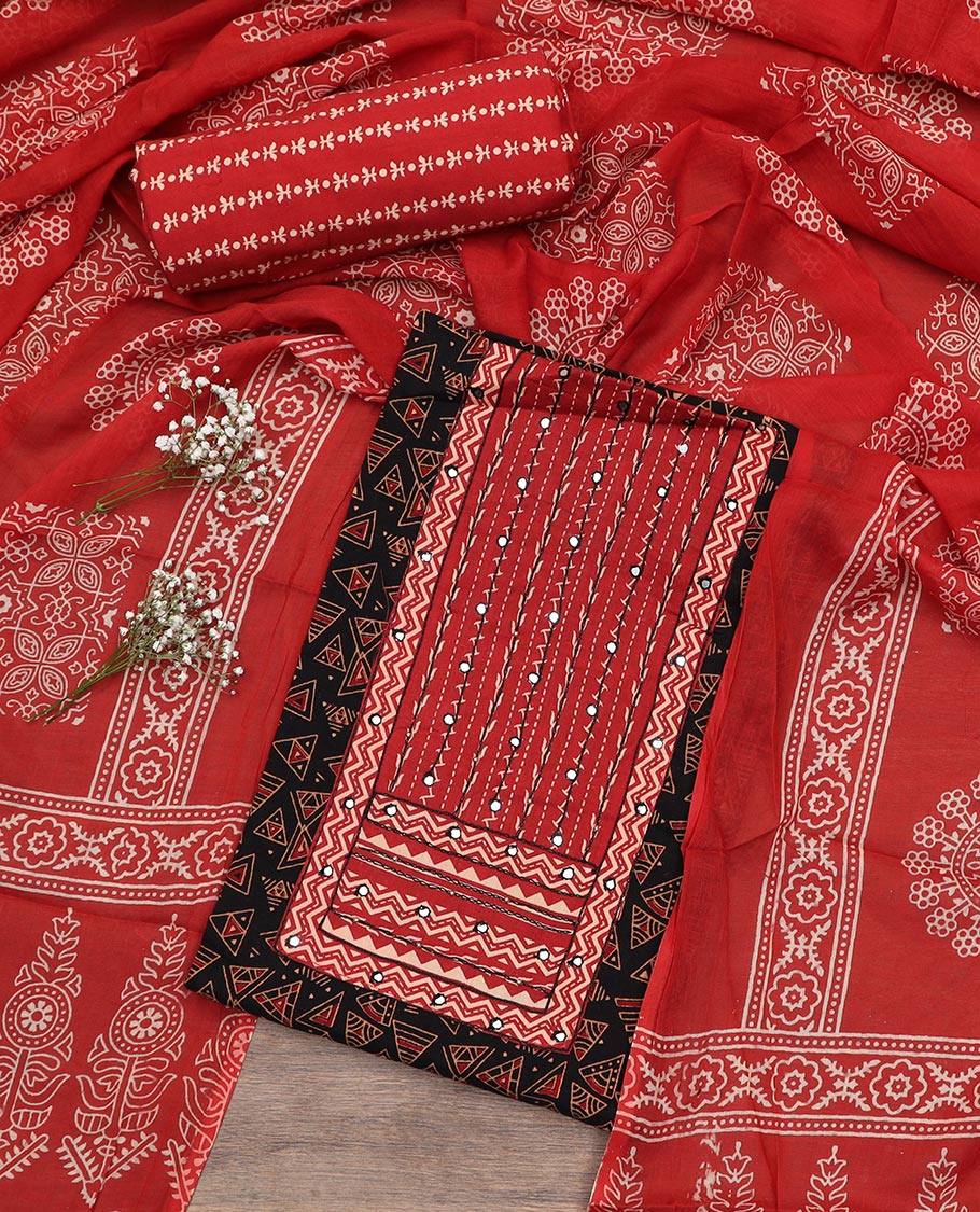 Black material chudidar set, triangle motifs print with neck embroidered top, contrast printed bottom and printed dupatta