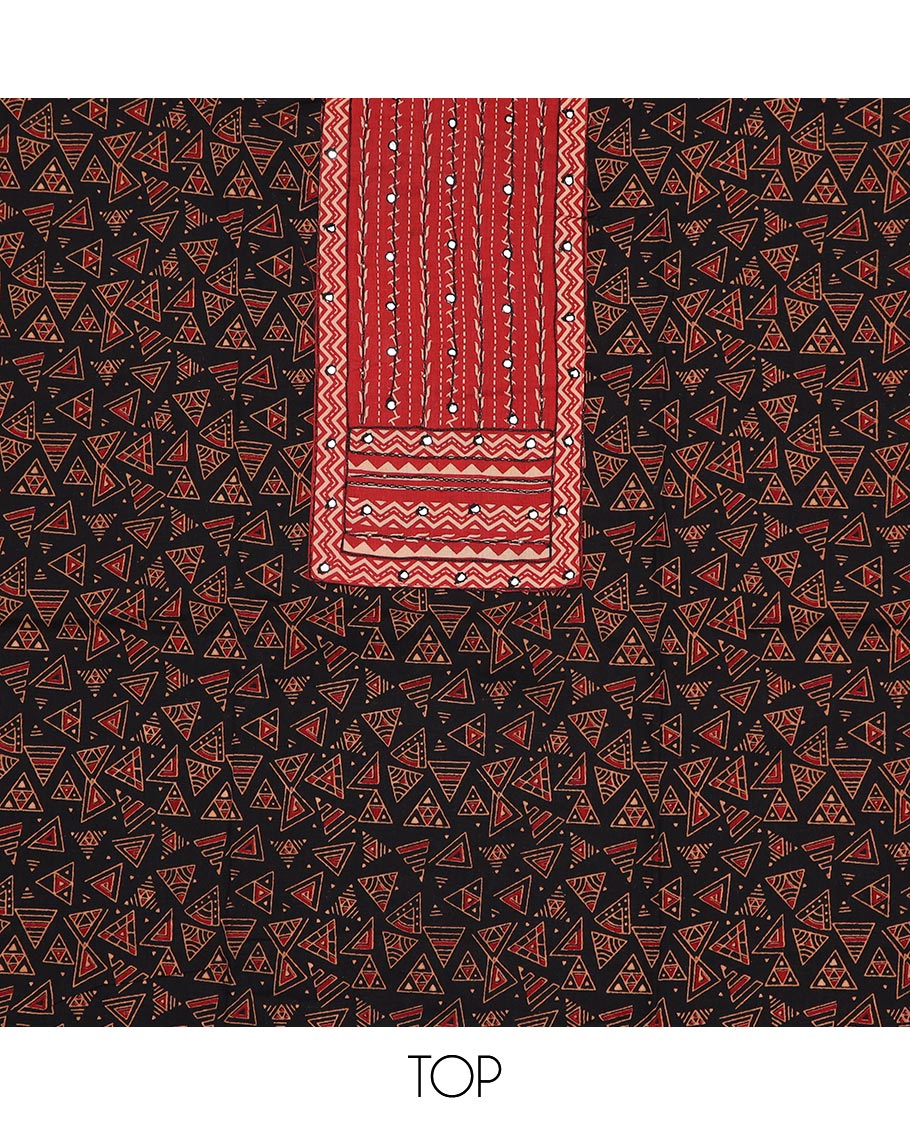 Black material chudidar set, triangle motifs print with neck embroidered top, contrast printed bottom and printed dupatta