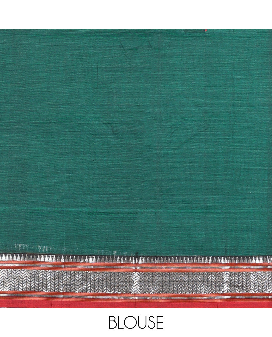 Dark green cotton half-saree, plain with contrast geometric bordered skirt, matching blouse, and contrast geometric bordered dhavani