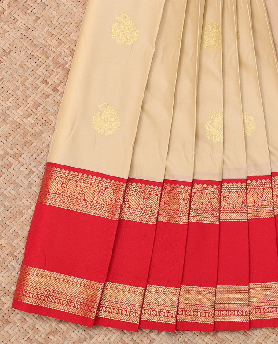 Sandal Budget Silk Saree, Sparsely Threaded with Zari Buttas, a Contrast Traditional Zari Rettai Pettu Border, Grand Pallu, and a Contrast Blouse