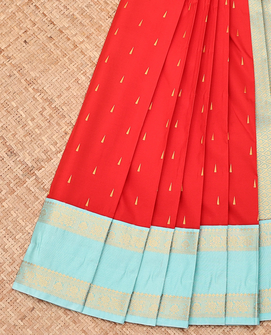Red Budget Silk Saree, Adorned with Zari Buttas All Over Its Body, Complemented by Contrast Traditional Zari Designs Woven Rettai Pettu Border, Grand Jaal Pallu and Paired with a Contrast Blouse