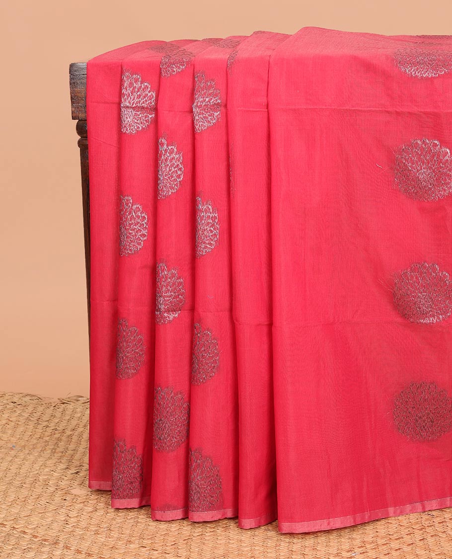 Borderless red floral zari buttas semi-silk cotton saree, self-pallu of sparse zari designs