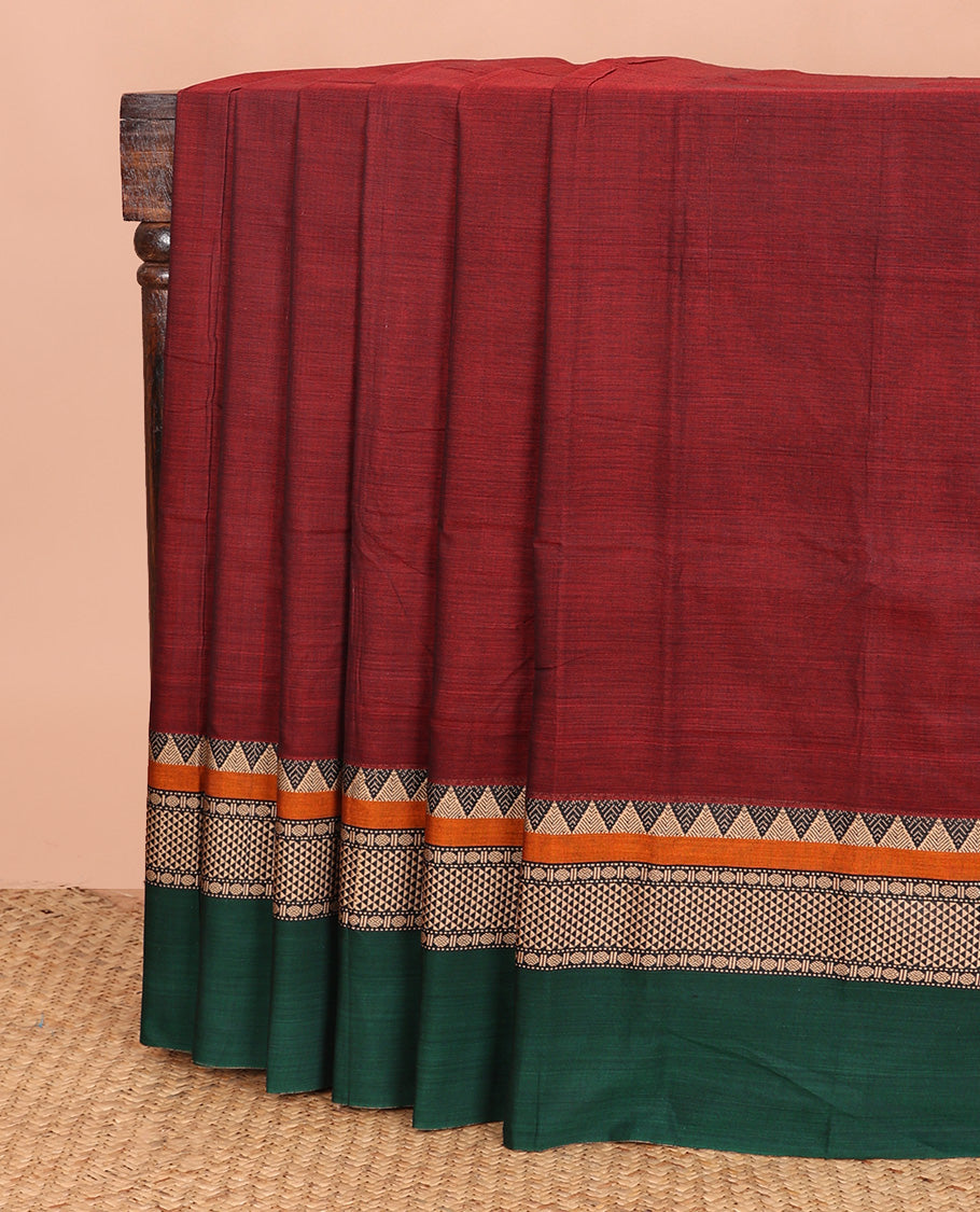 Maroon plain Narayanapet cotton saree, contrast traditional design thread border, and striped pallu