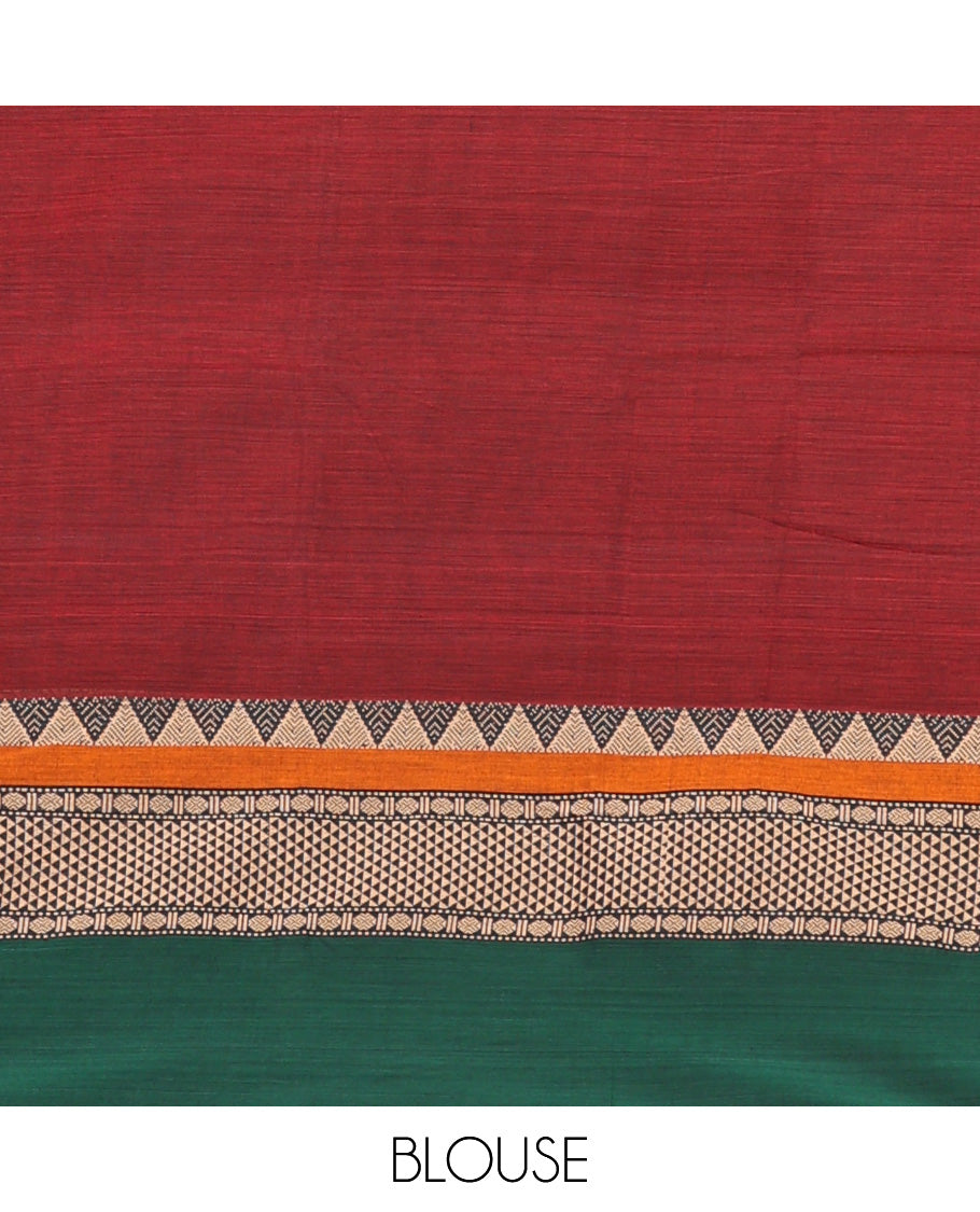 Maroon plain Narayanapet cotton saree, contrast traditional design thread border, and striped pallu