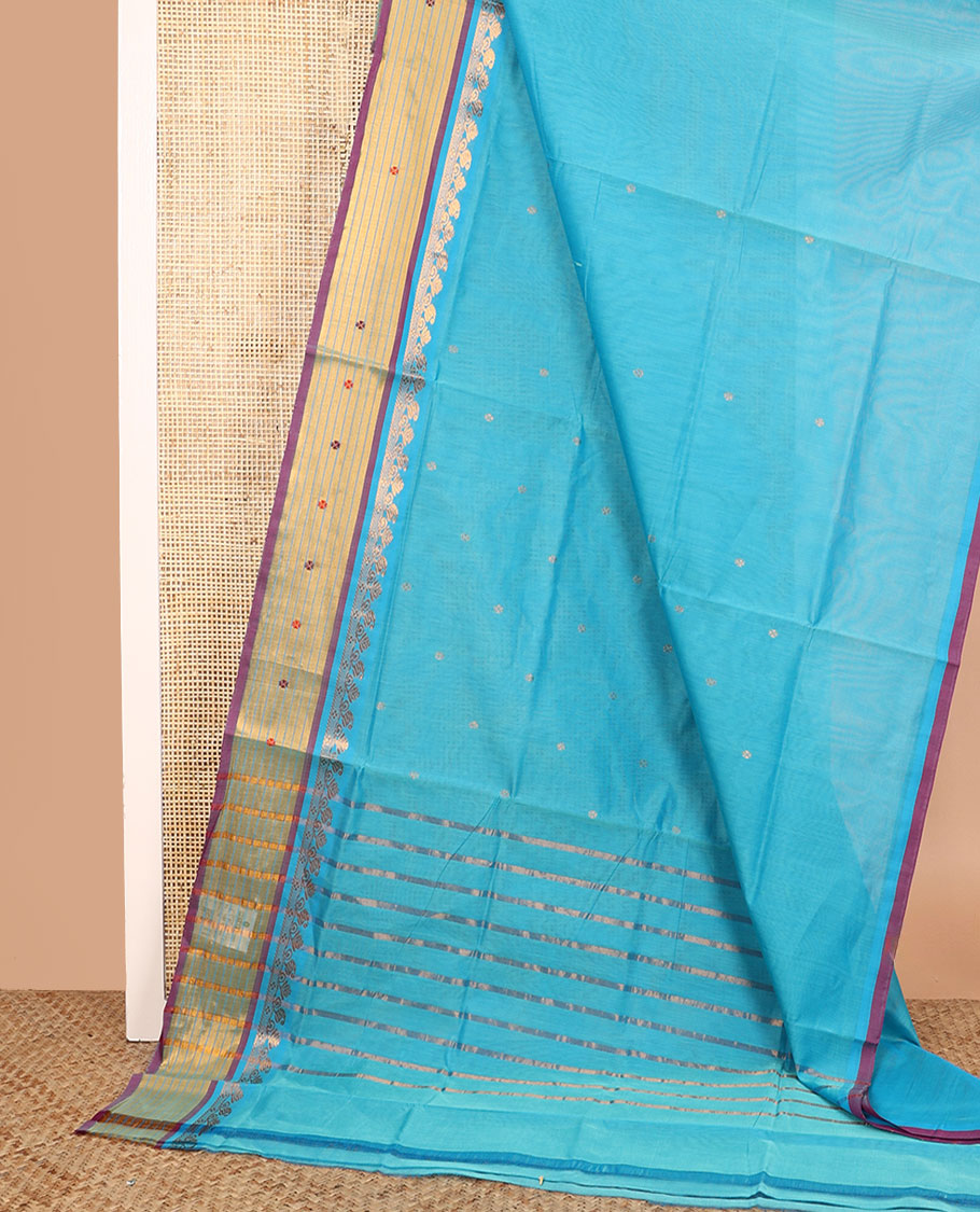 Blue zari buttas Venkatagiri cotton saree, contrast zari and thread border, and zari striped pallu