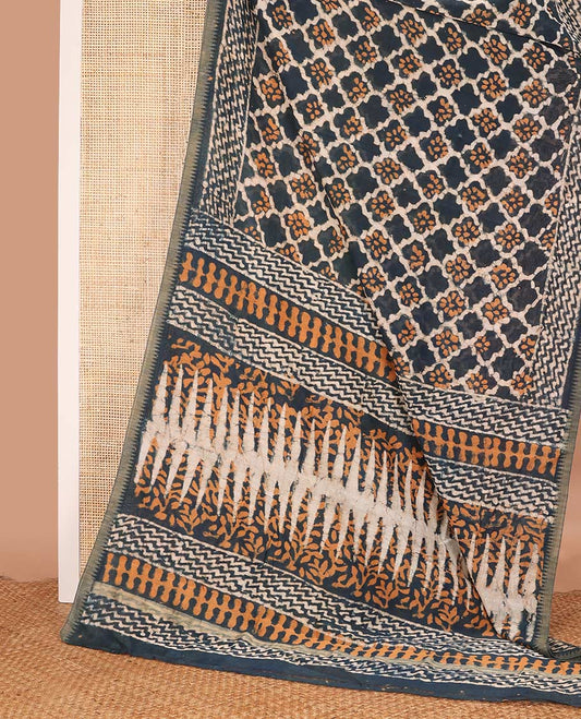 Blue batik style ogee printed mul mul cotton saree, batik printed border, and pallu of geometric print