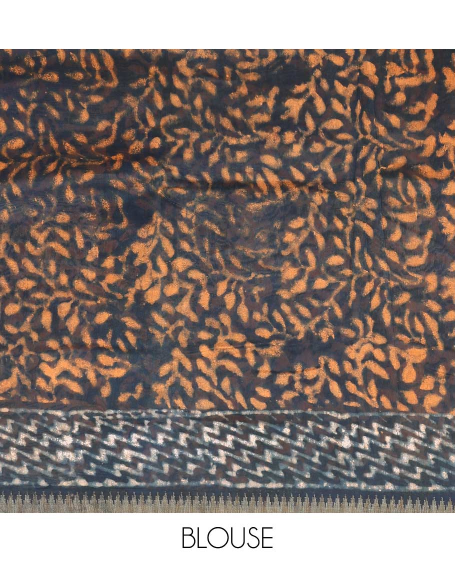 Blue batik style ogee printed mul mul cotton saree, batik printed border, and pallu of geometric print