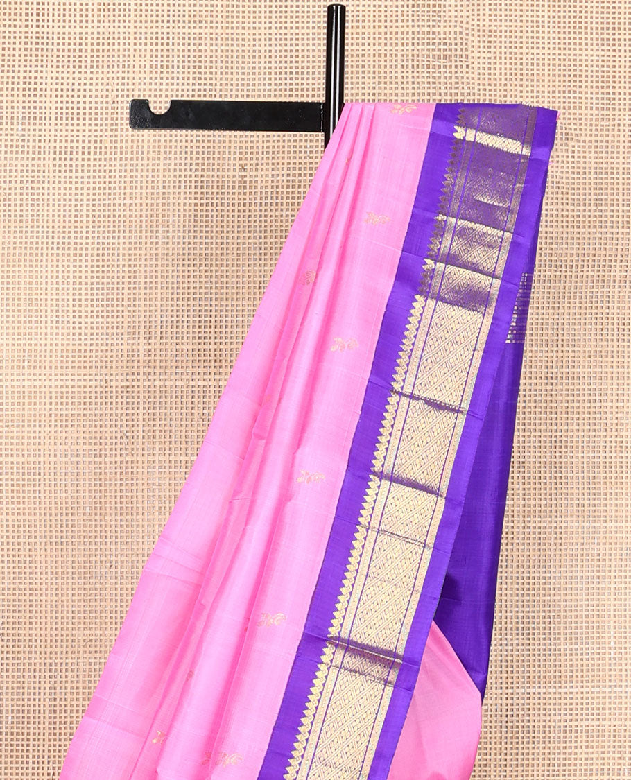Pink zari buttas Kanchipuram silksaree, contrast one-sided zari border & zari design pallu