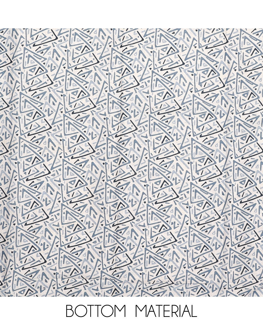 White and blue material chudidar set, floral printed with button work top, printed bottom, and sequins striped dupatta