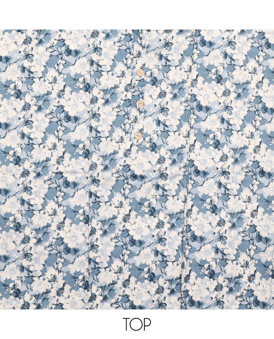 White and blue material chudidar set, floral printed with button work top, printed bottom, and sequins striped dupatta