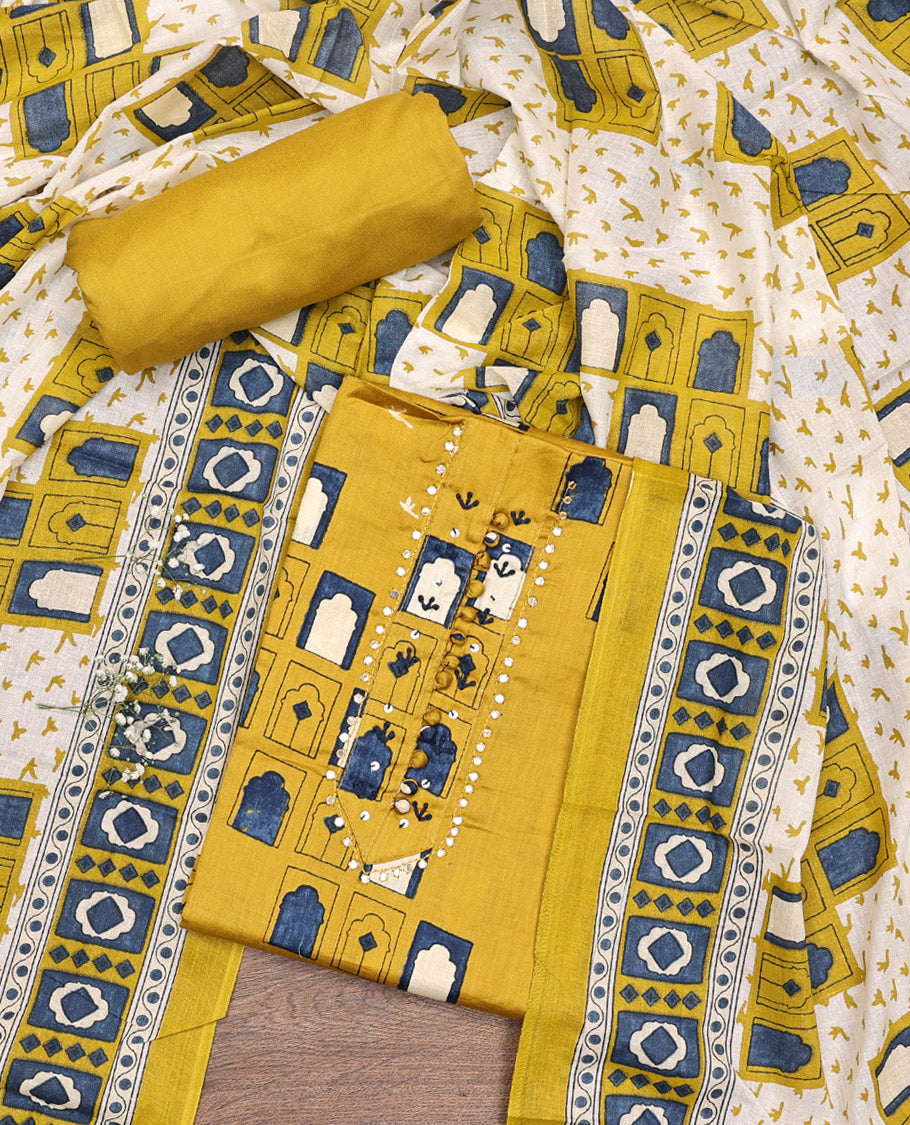 Yellow Material Chudidar Set, Creatively Printed with Mughal-Style Arches Printed Rayon Top, a Plain Rayon Bottom, and Paired with a Mughal-Style Arches Printed Cotton Dupatta