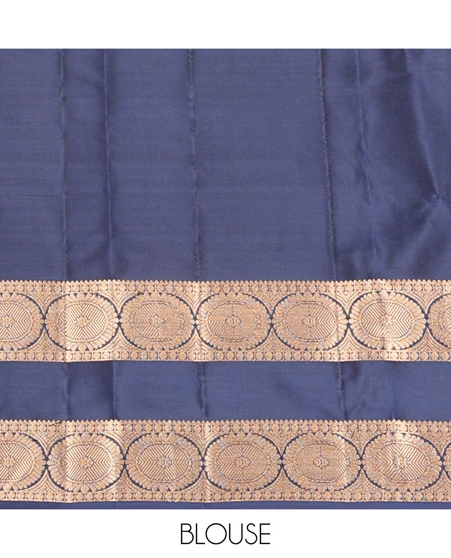 Blue zari buttas Vasundhara silk mix saree, contrast rettai pettu border of rekku, poun, and chakram motifs, and jaal pallu