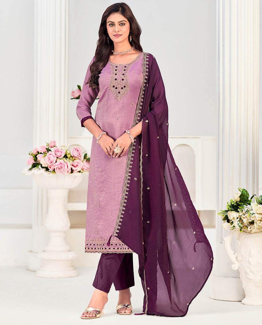 Lavender churidar material set, neck embroidered with stone work top, contrast plain bottom, and scallop embroidered dupatta