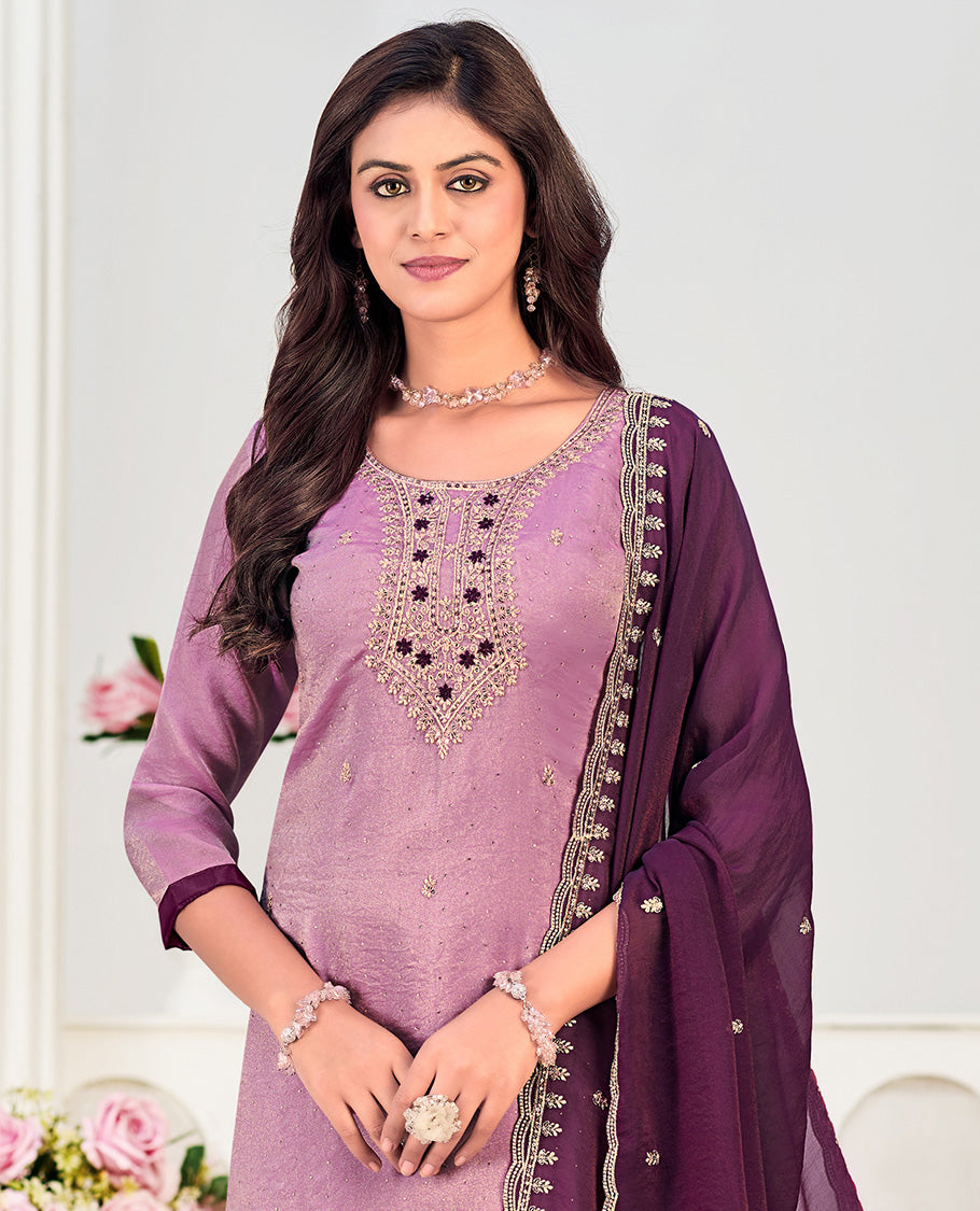 Lavender churidar material set, neck embroidered with stone work top, contrast plain bottom, and scallop embroidered dupatta
