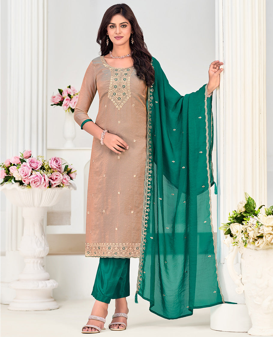 Fawn churidar material set, neck embroidered with stone work top, contrast plain bottom, and scallop embroidered dupatta