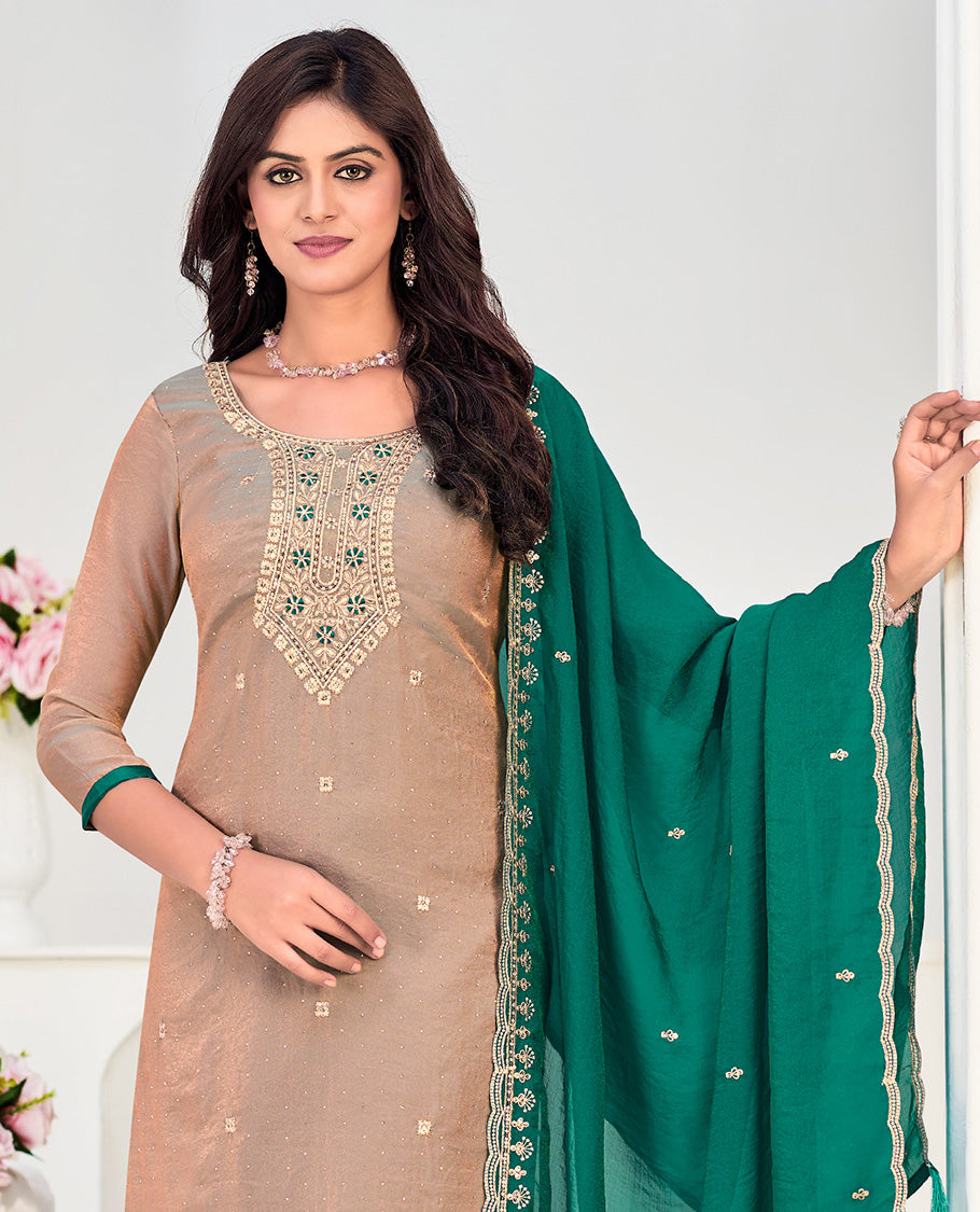 Fawn churidar material set, neck embroidered with stone work top, contrast plain bottom, and scallop embroidered dupatta