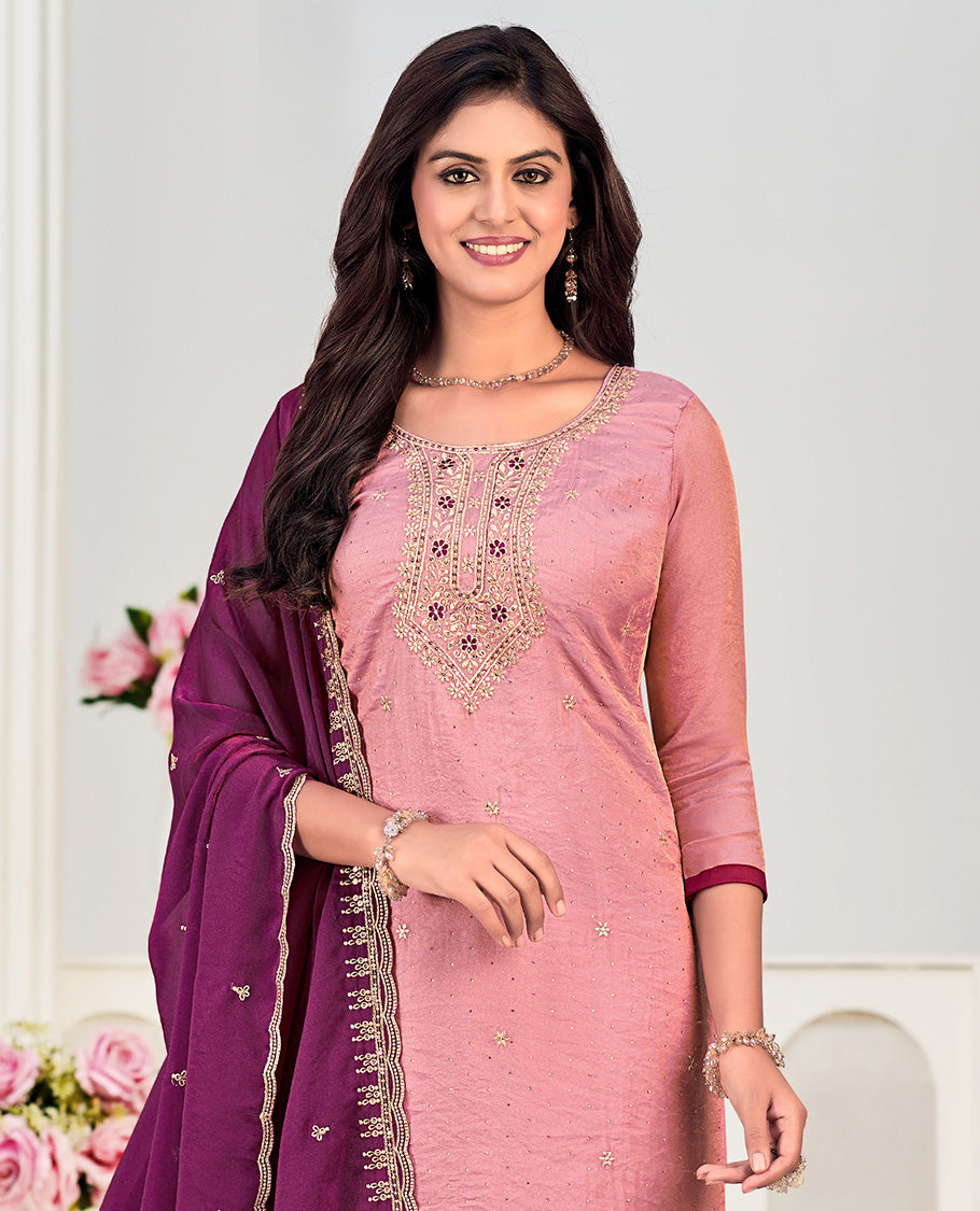 Pink churidar material set, neck embroidered with stone work top, contrast plain bottom, and scallop embroidered dupatta