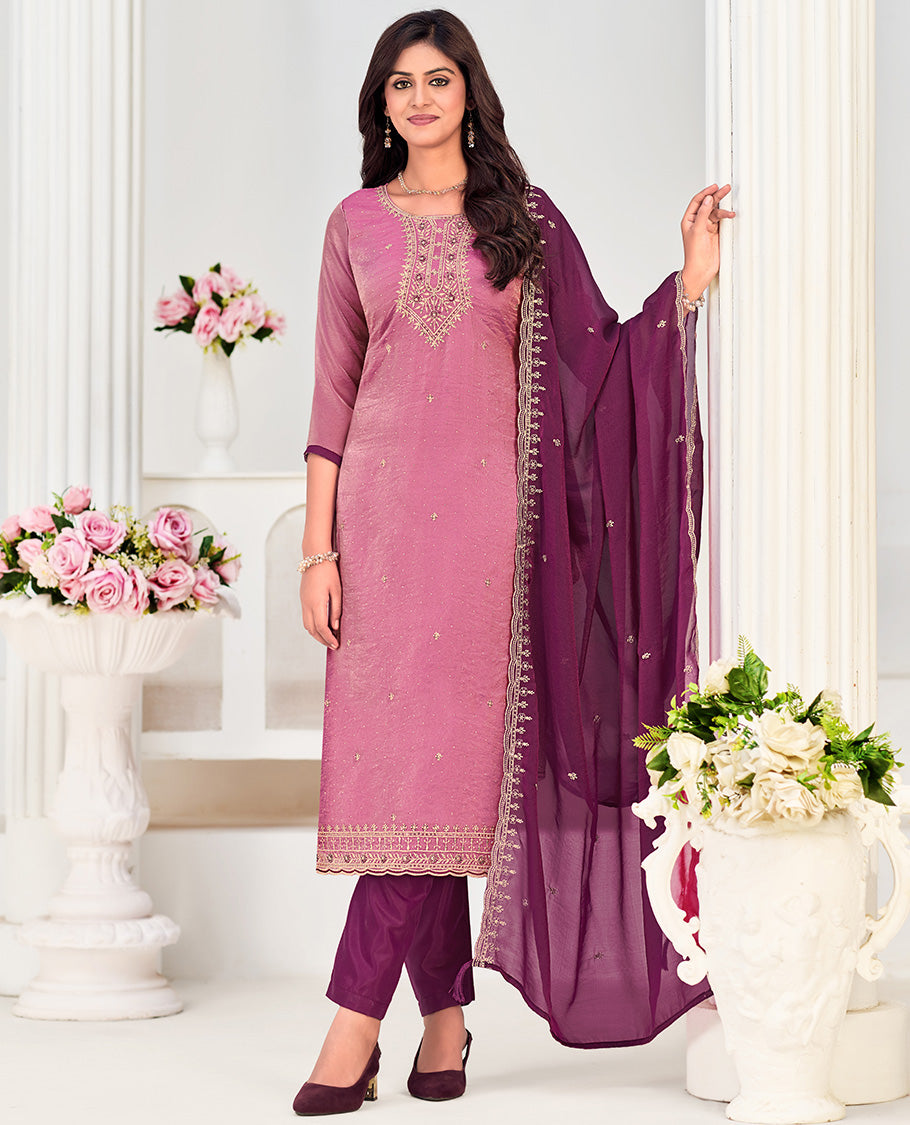 Pink churidar material set, neck embroidered with stone work top, contrast plain bottom, and scallop embroidered dupatta