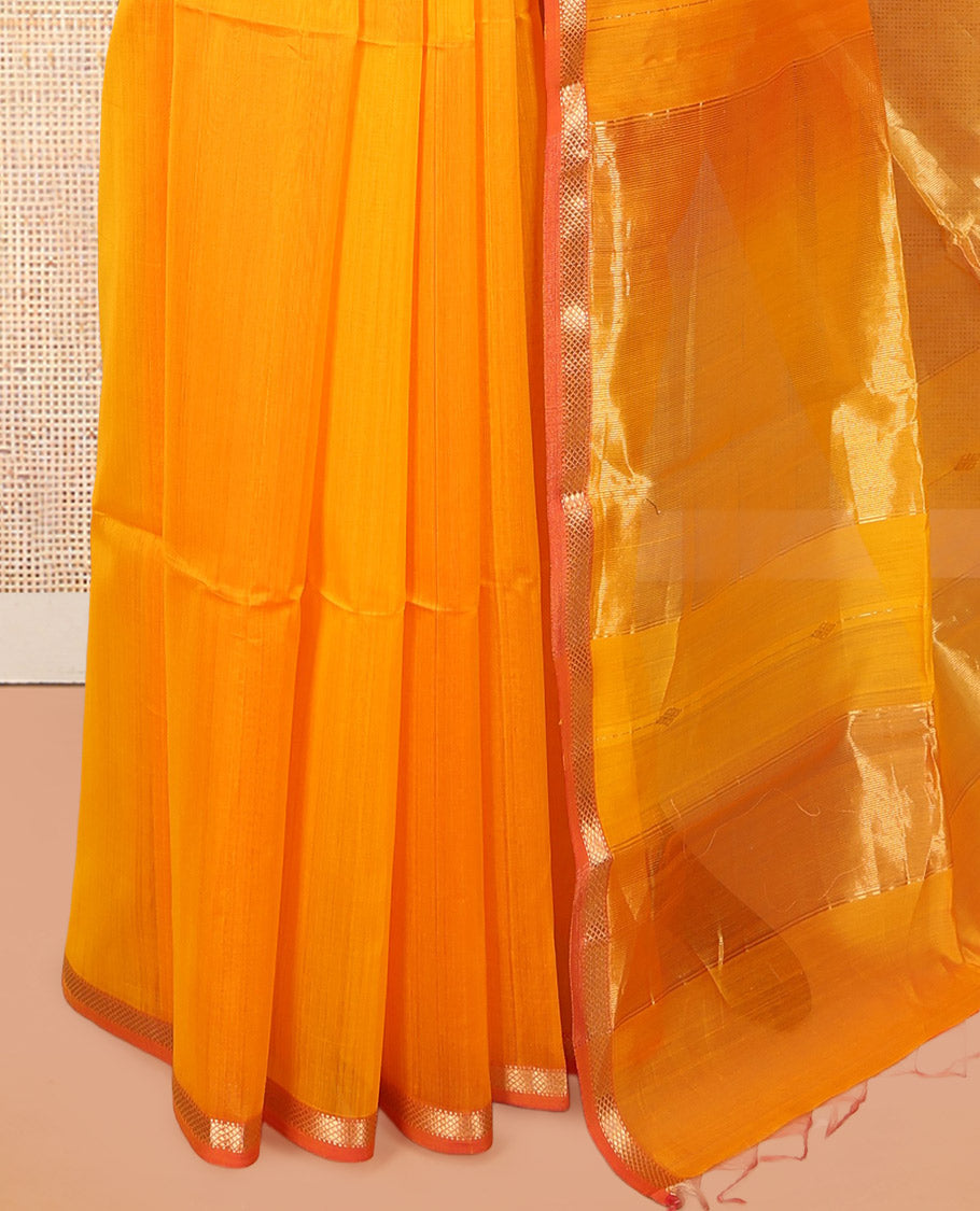 Orange Maheshwari Cotton Saree, Detailed with Zari Buttas, a Contrast Piping Zari Border, Pallu of Zari Design, and a Matching Blouse
