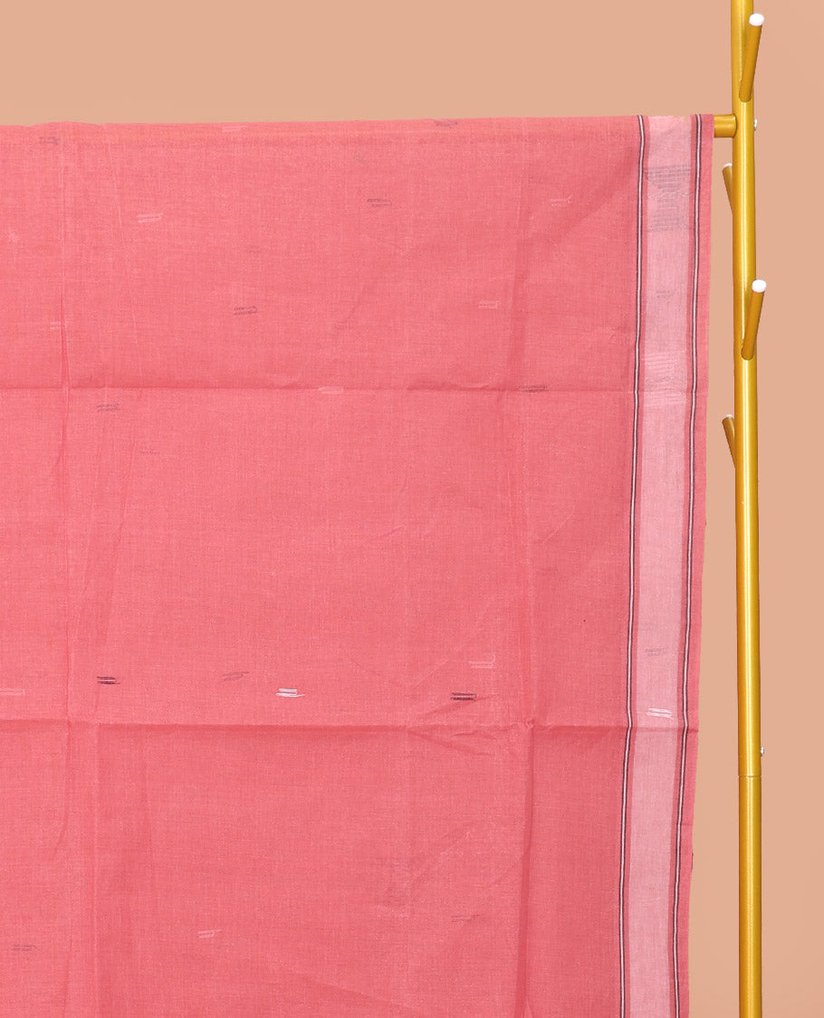 Pink Bengal Cotton Saree, Woven with Buttas, a Subtle Border, Pallu of Stripes, and a Matching Blouse