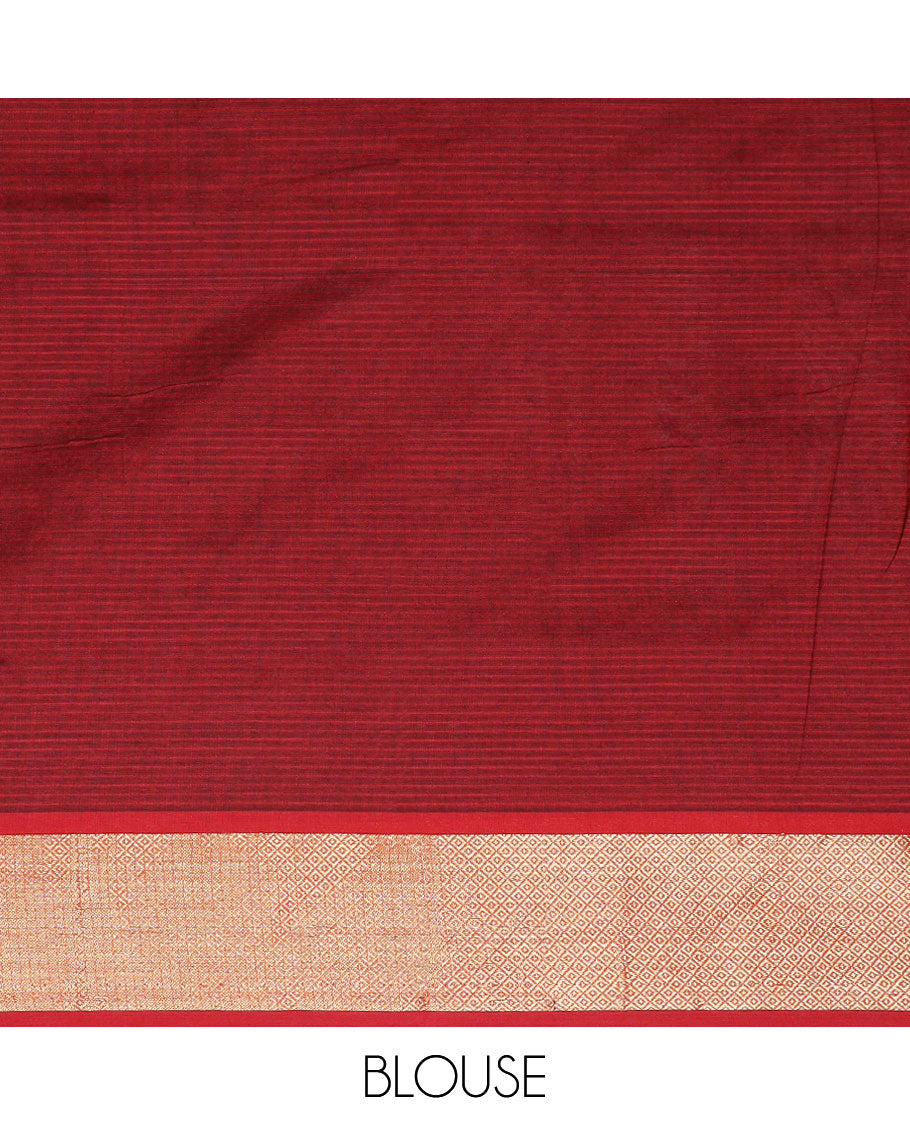 Green striped poly cotton saree, contrast traditional zari border & striped pallu