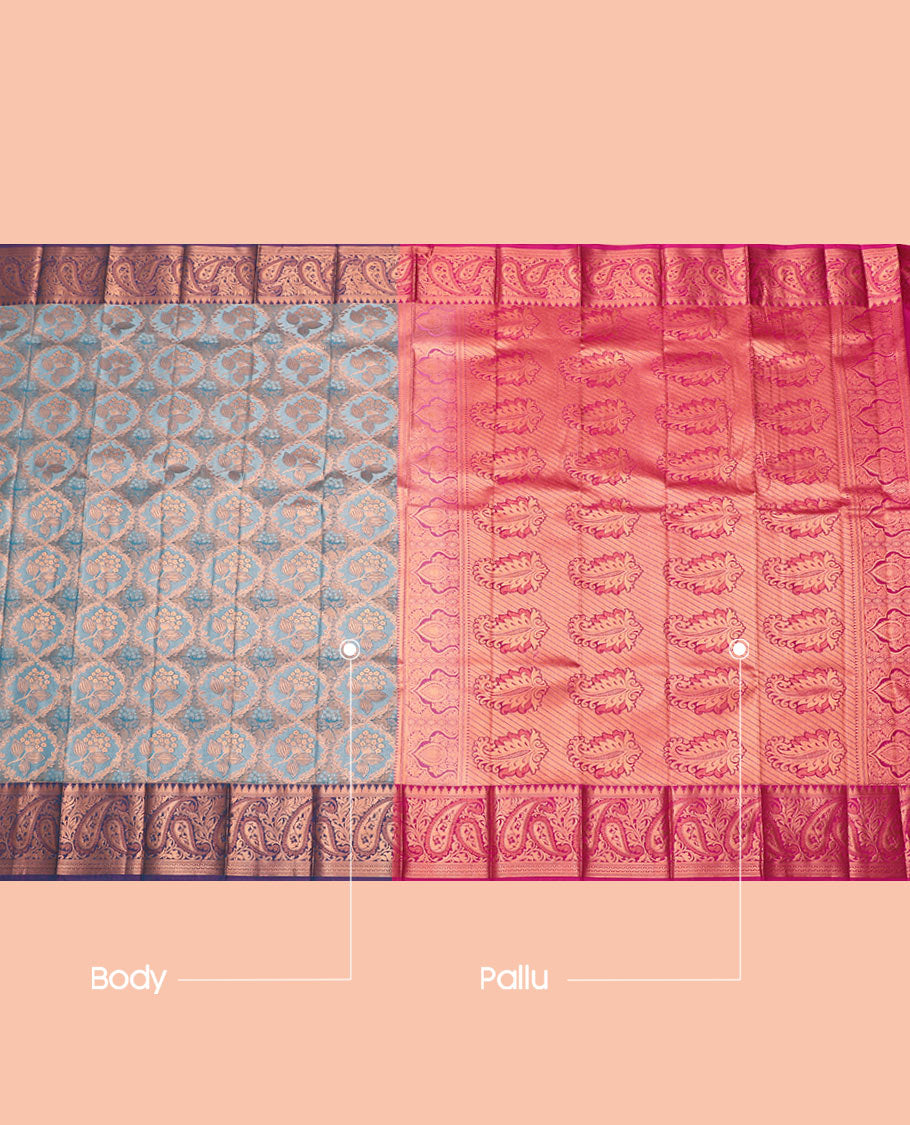Blue Budget Silk Saree, Detailed with Jacquard Design, Contrast Paisley Zari Border, Grand Pallu, and a Contrast Blouse