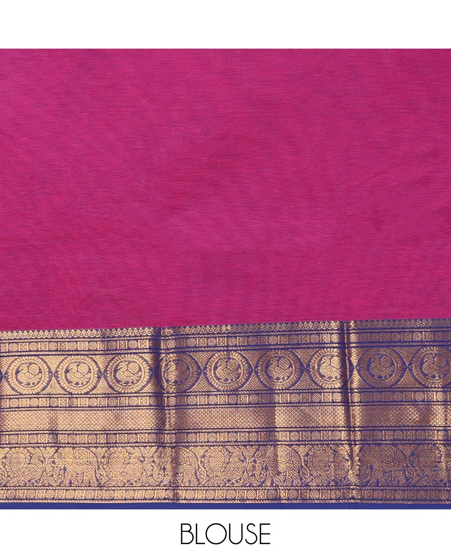Pink chettinad cotton saree with contrast traditional zari design border & striped pallu