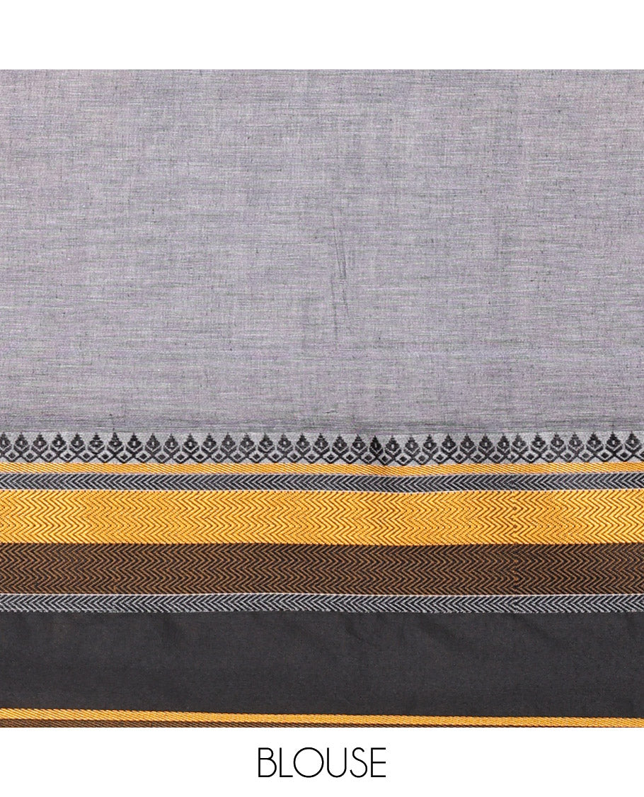 Grey-Block Plain Khadi Mul Cotton Saree, Complemented by a Contrast Thread-Woven Border of Geometric Patterns, Contrast Plain Pallu, and Paired with a Matching Blouse