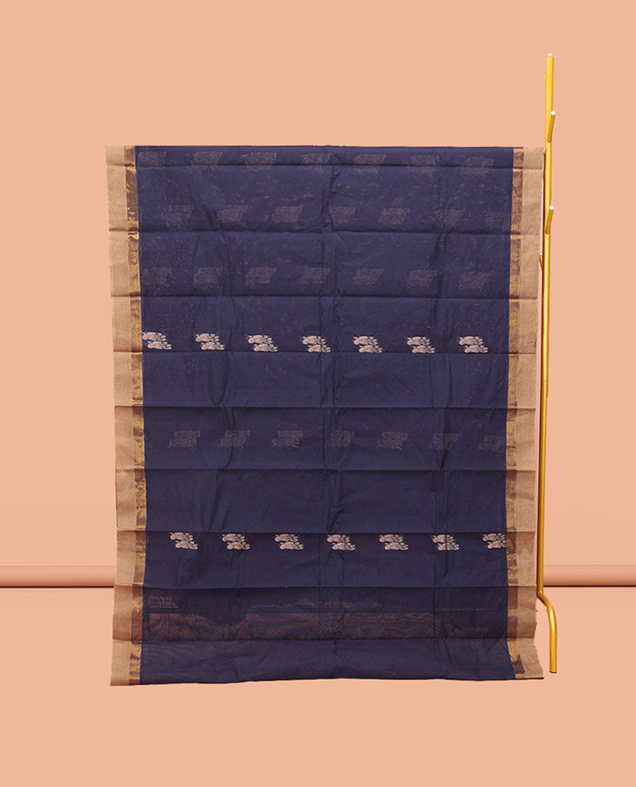Navy Kanchi Cotton Saree, Adorned with Buttas, Complemented by a Contrast Border, Intricate Pallu, and a Matching Blouse