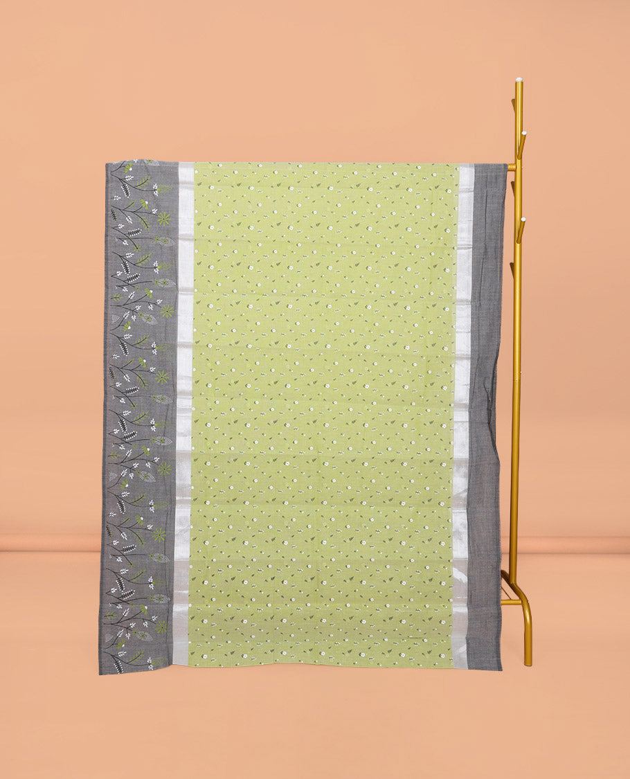 Pale Green Chirala Cotton Saree, Steeped with Floral-Bird Print, a Contrast Border, Printed Pallu, and a Matching Blouse