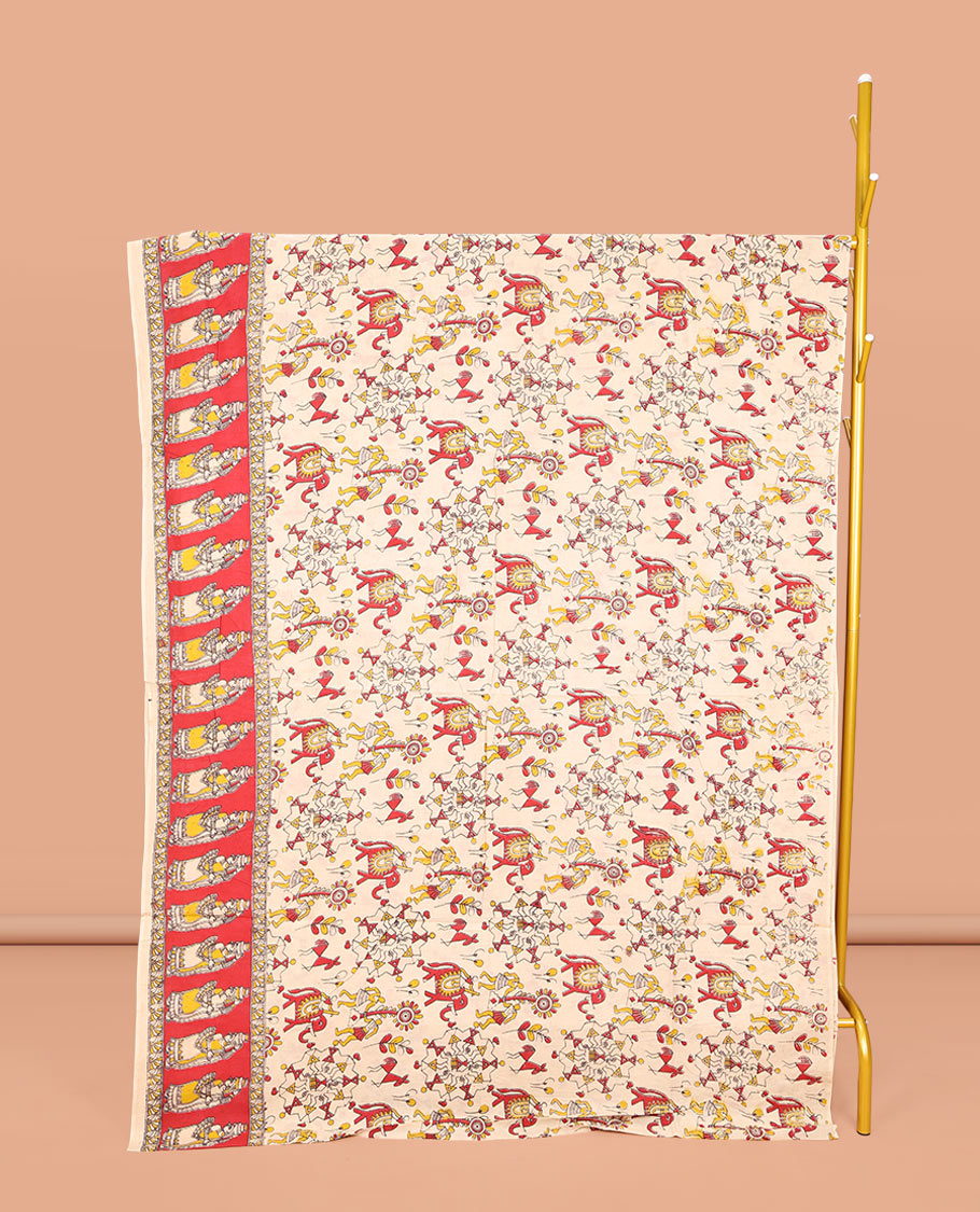 Light Sandal Machine-Printed Kalamkari Cotton Saree, Artfully Printed with Warli-Motifs on Its Body, Complemented by a Contrast Human Motifs Printed Border, Pallu of Lord Radha Krishnan Print, and Paired with a Printed Blouse