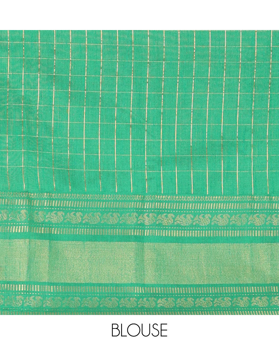 Parrot green polka dot butta enclosed checked semi-raw silk saree, contrast traditional zari design border, contrast diamond patterned pallu, and a contrast blouse
