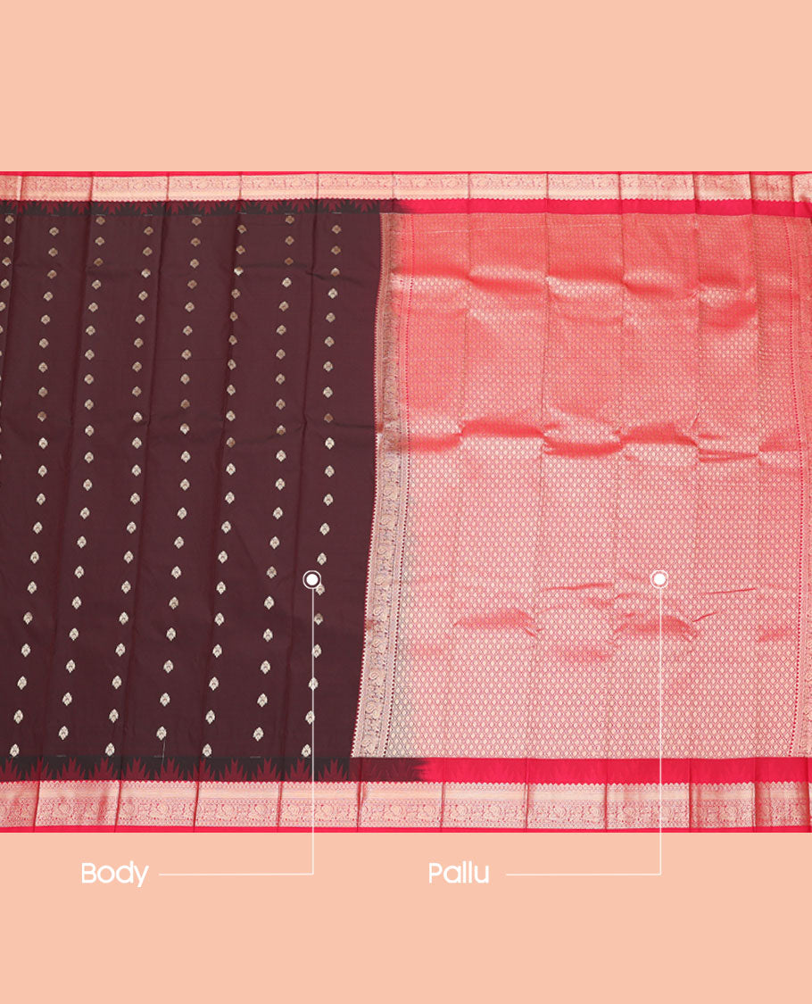 Brown Budget Silk Saree, Ornamented with Zari Buttas, Contrast Traditional Zari Temple Border, Grand Jaal Pallu, and a Contrast Blouse