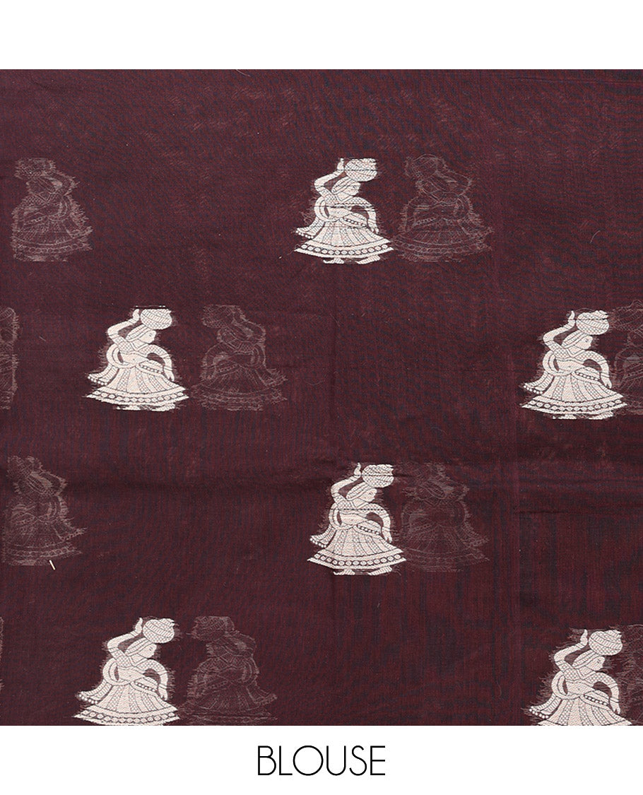 Brown Narayanapet Cotton Saree Embellished with Girl with a Pot Motifs, Subtle Self-Border, Pallu Mirrors the Same Body Motifs, and Paired with a Matching Blouse