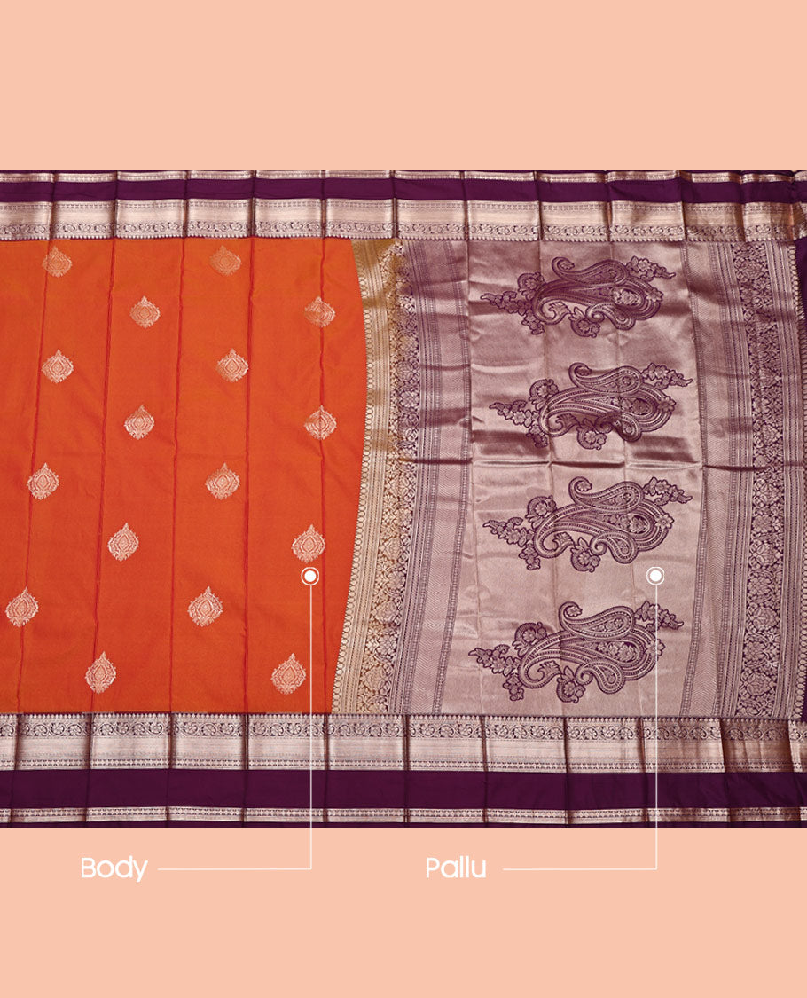 Orange Budget Silk Saree, Highlighted by Zari Buttas All Over Its Body, Complemented by a Contrast Traditional Zari Design Rettai Pettu Border, Intricately Designed Pallu, and Paired with a Contrast Blouse