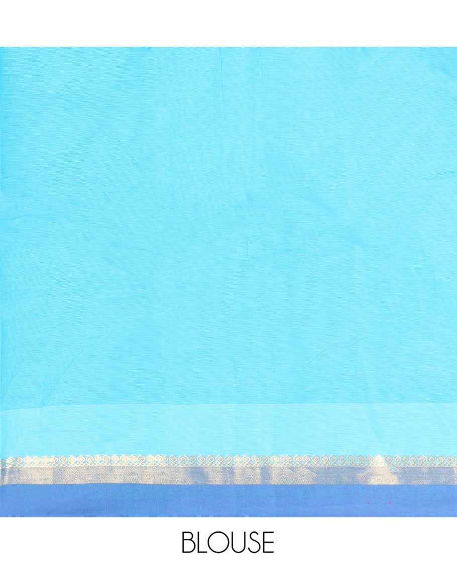 Blue Kanchi Cotton Saree, Accentuated with Buttas All Over Its Body, Complemented by a Contrast Border, Pallu of Paisley Designs, and Paired with a Matching Blouse