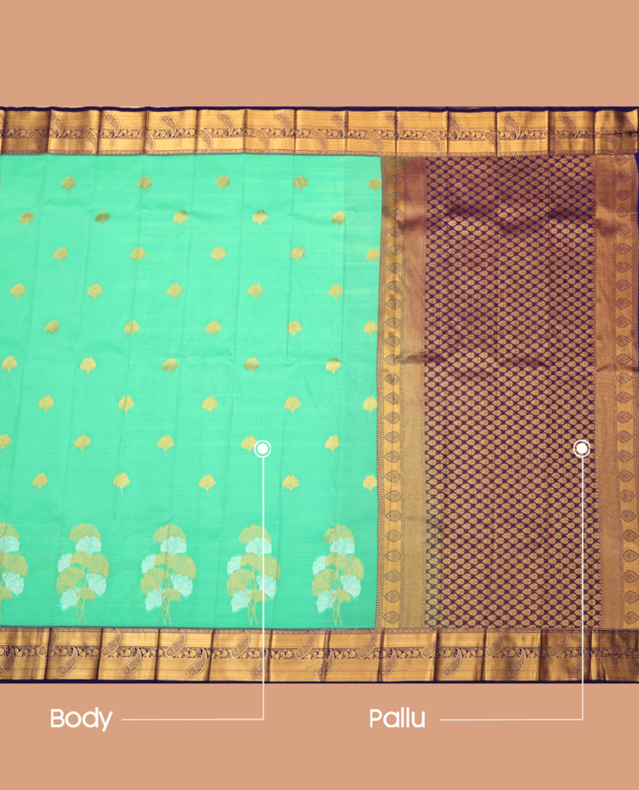Green Budget Silk Saree, Meticulously Crafted with Leaf Buttas, Complemented by a Contrast Paisley Zari Border, Intricate Pallu, and Contrast Blouse