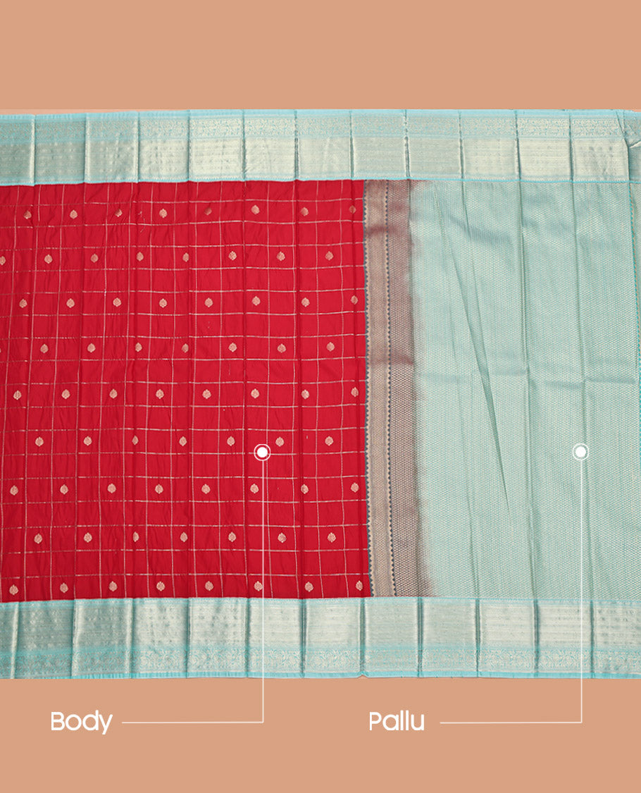 Red Budget Silk Saree, Decorated with Zari Butta Enclosed Checked Design on Its Body, Complemented by a Contrast Traditional Zari Design Border, Grand Pallu, and Paired with a Contrast Blouse