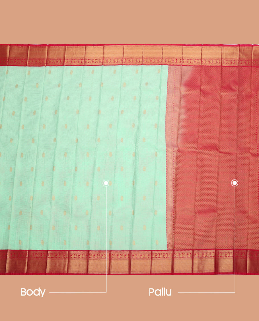 Green Budget Silk Saree, Woven with Zari Buttas and Checks, Complemented by a Contrast Traditional Zari Border, Grand Pallu, and a Contrast Blouse