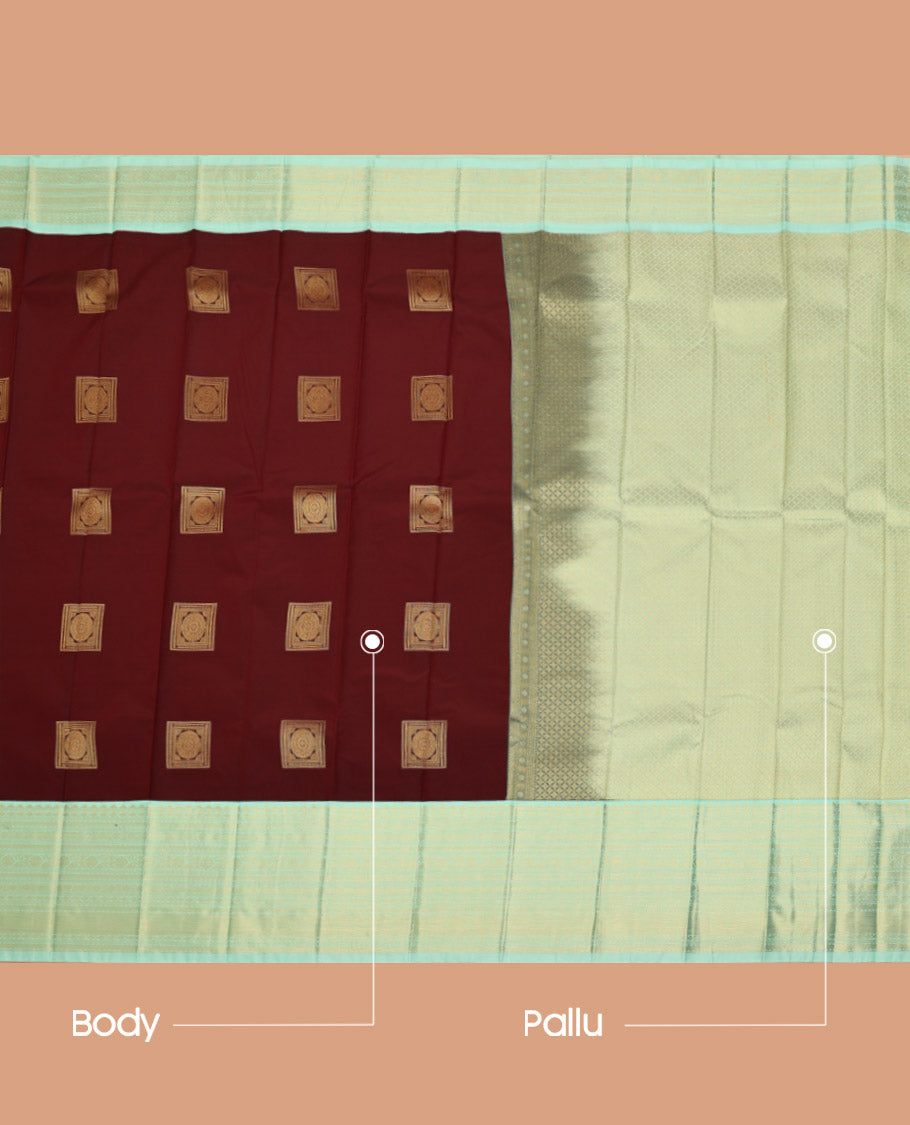 Maroon Budget Silk Saree, Mesmerized with Square-Shaped Zari Buttas All Over Its Body, Complemented by a Contrast Traditional Zari Design Border, Gleaming Jaal Pallu, and Paired with a Contrast Blouse