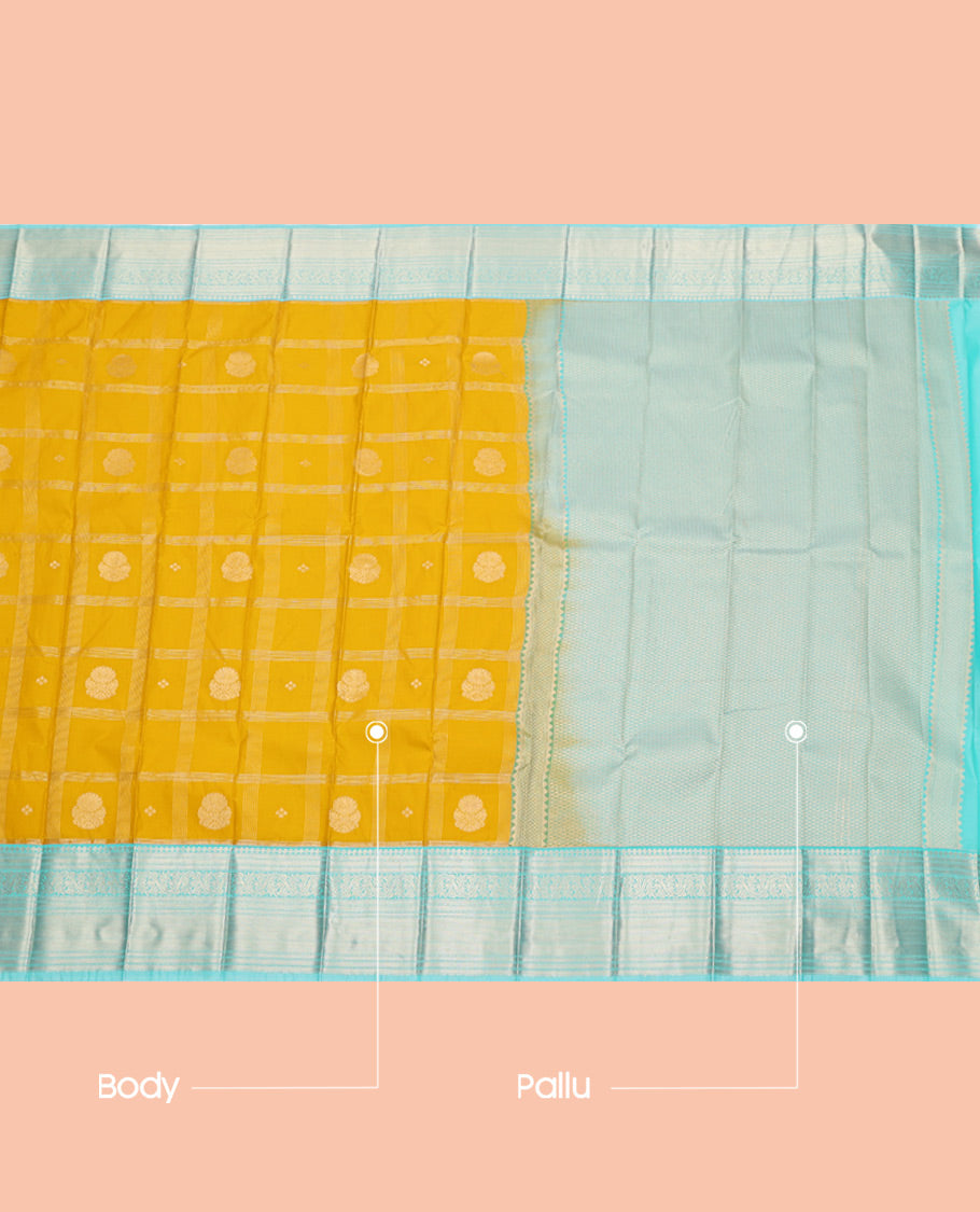 Yellow Budget Silk Saree, Sparsely Sparkled with Zari Butta Enclosed Checks, Complemented by a Contrast Traditional Zari Border, Grand Pallu, and Contrast Blouse